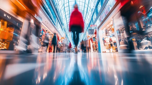 Busy shopper walking modern mall, blurred motion, glass ceiling, retail therapy