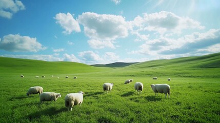 Fototapeta premium Sheep grazing idyllic green pasture, sunny day, rolling hills