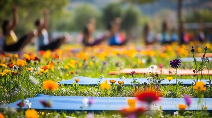 Outdoor yoga class in vibrant flower field