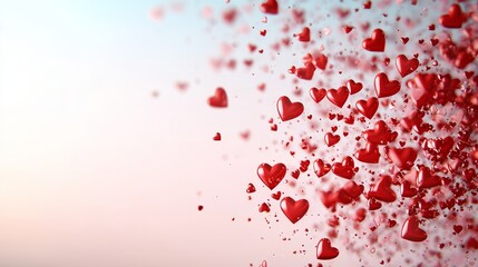 Detailed illustration of vibrant red hearts scattered randomly on a soft blush-pink background, capturing the essence of love