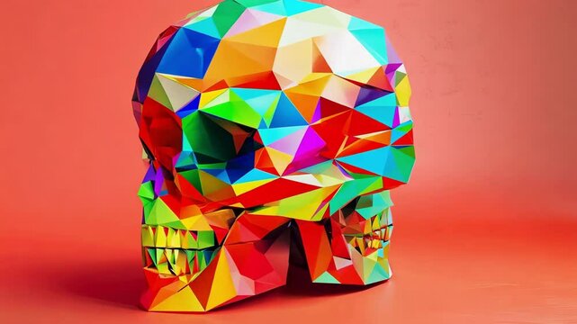 Geometric colorful skull artwork featuring vibrant triangular patterns on a solid background, embodying modern abstract art. ai