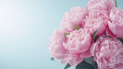 Close-up of a greeting card with a luxurious bouquet of vivid pink peonies, surrounded by soft pastel tones, elegant calligraphy on textured paper, romantic ambiance