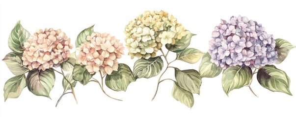 Collection watercolor hydrangeas in full bloom, using a muted color palette for a vintage feel.