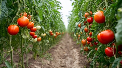 Ripe red tomatoes growing in a field, ready for harvest