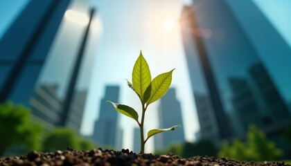 Small plant sprouts from soil in front of modern glass skyscrapers. Eco-friendly corporate initiative. Sustainable growth concept. Leadership strategy for companies. New eco business model. Urban