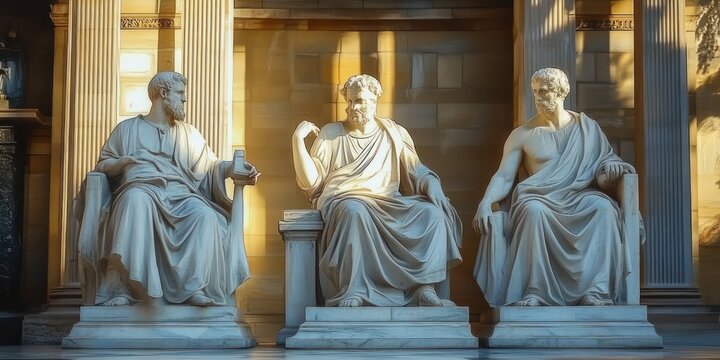Marble Statues of Ancient Greek Philosophers in a Serene Courtyard Setting