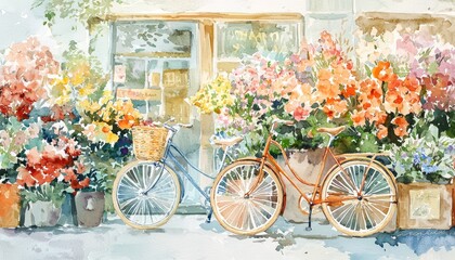 Collection watercolor depictions vintage bicycles against a backdrop city flower shops.