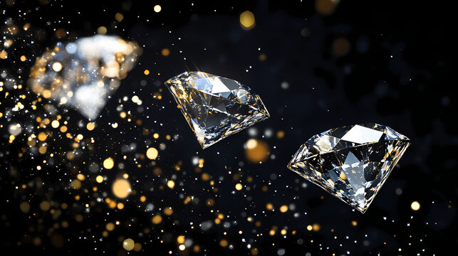 Three diamonds fall in black space, gold and silver glint in front, black background shines with white and gold accents. Diamond Falls. Illustration
