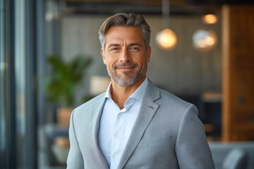 Obraz premium Confident Middle Aged Businessman Portrait in Modern Office Setting with Natural Light