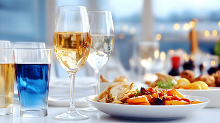 Elegant dinner setting with wine glasses, plates of food, and blue drinks.