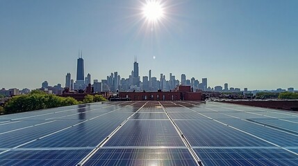 Rooftop solar panels city skyline energy sun
