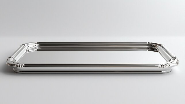 Silver rectangular tray with ornate edges on white background.