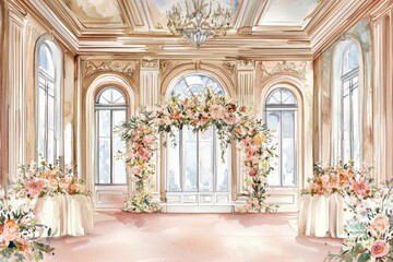 Collection watercolor drawings elegant ballrooms with floral arrangements and vintage decor.