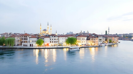 Obraz premium Evening view of waterfront cityscape with mosque, boats, and illuminated buildings reflecting in calm water.