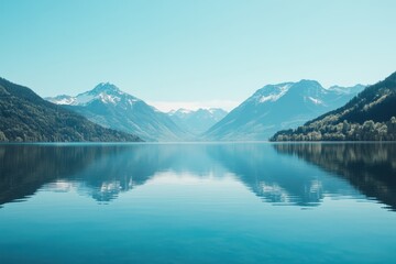 Fototapeta premium Scenic lake surrounded by mountains under a clear blue sky, reflected perfectly in the water.