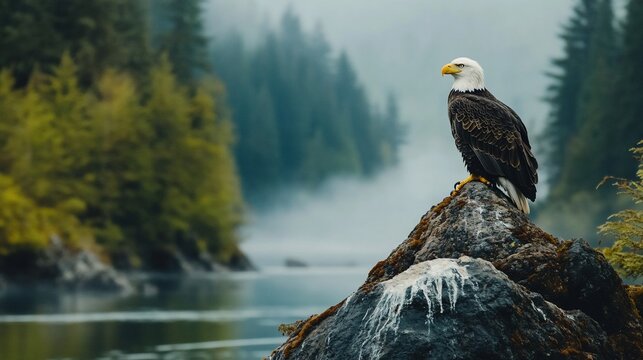 Majestic eagle perched on rock, misty river, forest background, wildlife photography