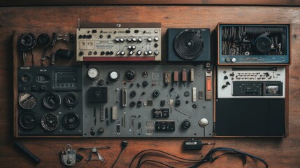Fototapeta premium Vintage electronics and audio equipment arranged on a wooden surface.