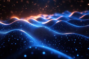 digital matrix landscape with flowing data streams in neon blue featuring interconnected nodes and abstract geometric patterns against a deep space background
