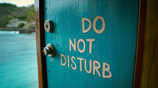 A vibrant blue wooden door with a metallic doorknob features the phrase 'Do Not Disturb' in bold letters.