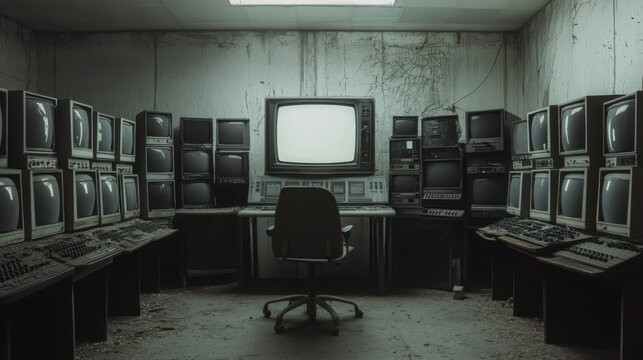 Abandoned retro computer room with many monitors and keyboards.