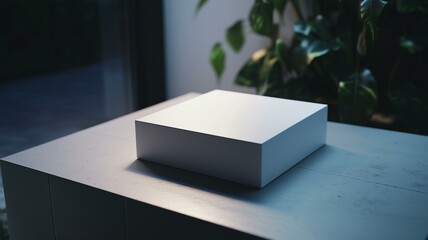 A photorealistic image of a glossy white box with sharp edges and minimal design
