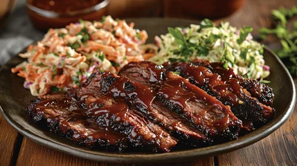 A plate of tender, slow-smoked brisket drizzled with rich BBQ sauce, served alongside creamy coleslaw, with a garnish of fresh herbs for a delicious finish. © อภิสาร เจนชัย