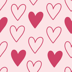 Seamless romantic pattern with cute hand drawn hearts.  Scandinavian design style, illustration for textile, manufacturing. Design for Valentine's Day, vector illustration	