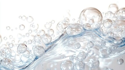 Hyper-realistic Water Bubbles on White Background Clear Float Sparkle Stream Fizz Underwater Effect