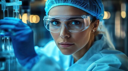 Scientist in Protective Gear Operating Advanced Laboratory Equipment in Sterile Environment