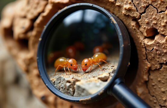 Close-up view of termite workers inside nest. Magnifying glass details of tiny insects. Termites active within wooden material. Macro photo termite behavior. Study of insects in natural habitat. Wood