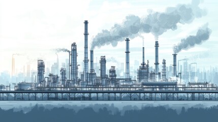 Industrial Landscape Line Drawing with Smokestacks and Factories in Minimalist Style