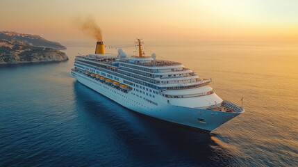 Fototapeta premium Aerial view at the cruise ship at the day time. Adventure and travel. Landscape with cruise liner on Adriatic sea. Luxury cruise