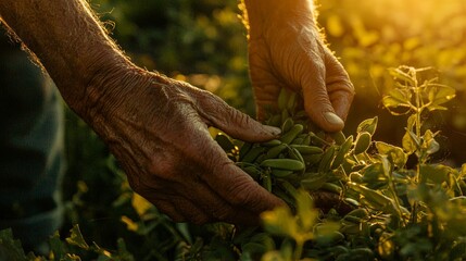 Cinematic capture of a farmer picking green beans, emphasizing the interaction of hands with nature, soft golden hour lighting, vivid natural colors