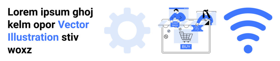 Users browsing an online store on a large screen, gear wheel indicating settings, wireless icon. Ideal for e-commerce, online shopping, teamwork, technology solutions, web development, digital