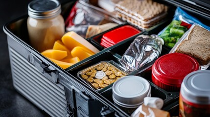 Close-up of a disaster preparedness box, showcasing organized compartments filled with long-lasting food, hygiene products, and basic tools, dramatic lighting