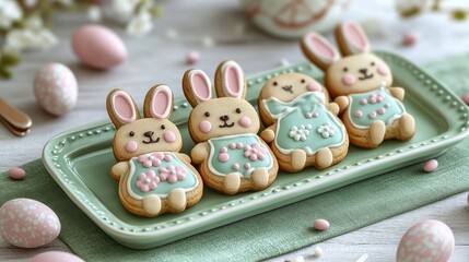 Festive easter bunny cookies on tray for holiday celebration
