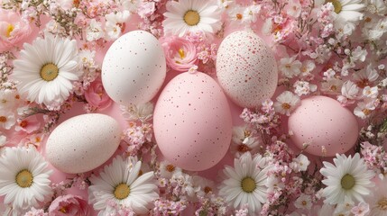 Fototapeta premium Easter celebration with pastel eggs and blossoms for spring decor inspiration