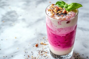 Glass of layered pink dragon fruit smoothie garnished with mint leaves and seeds on a marble table.