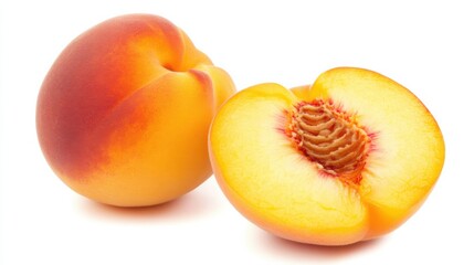 A luscious, ripe peach sliced open to reveal its golden flesh, Each juicy segment tempting with its sweetness