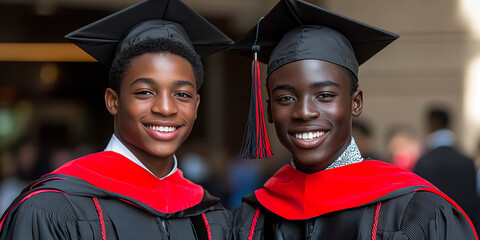 Two smiling graduates in black caps and gowns with red accents, posing during the ceremony indoors. Generated with AI