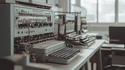 Dusty vintage computer equipment on a table.