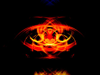 fantasy avatar. abstract fractal glowing mask silhouette with hat in the dark. glowing red on black light strokes, gold lines, luminosity emblem