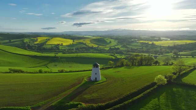 Windmill over fields and farms from a drone, Torquay, Devon, England