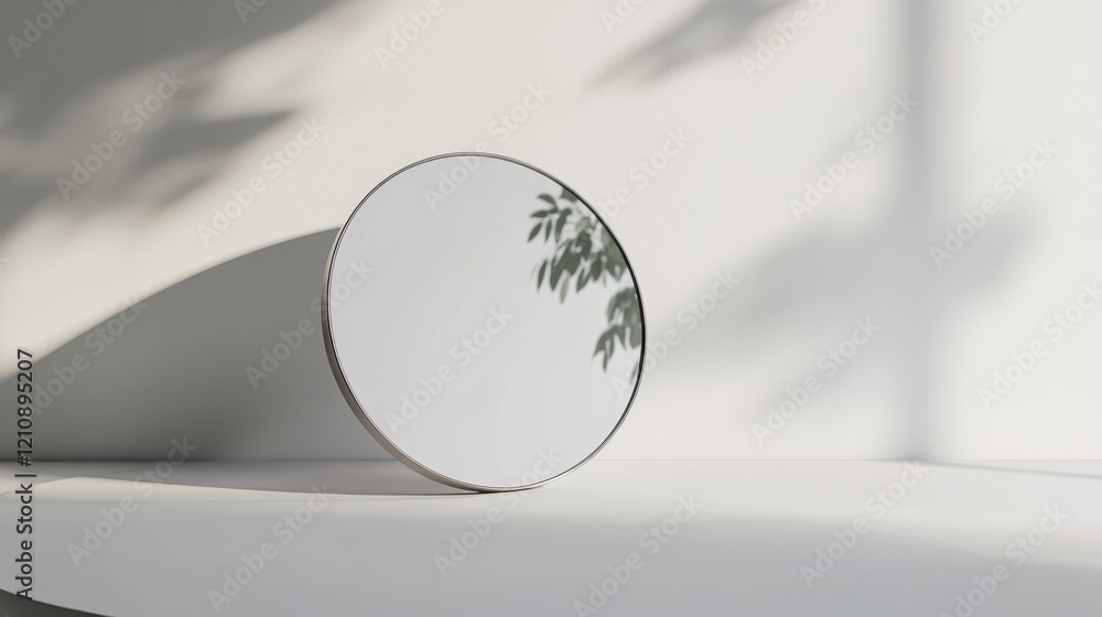 Poster minimalist round mirror casting shadows on a white surface in soft light