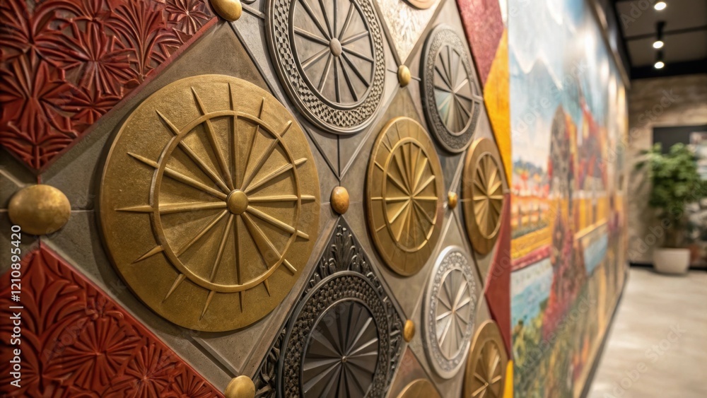 Aufkleber a closeup highlighting threedimensional layered pieces that protrude from the wall featuring metalli