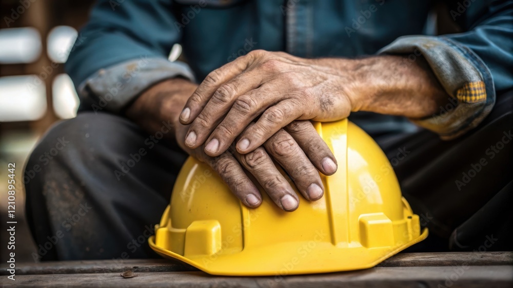 Aufkleber a closeup highlighting the workers calloused hands resting on the edge of their hard hat underscorin