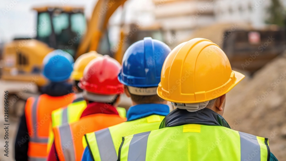 Aufkleber a closeup image captures the vibrant colors of safety helmets and vests worn by workers set against 