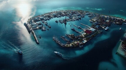 Aerial view of modern circular island marina with boats and buildings in tropical setting