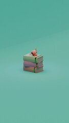 Adorable heart character sitting on books with headphones