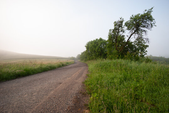 Rural Road and Foggy Field in Poland.